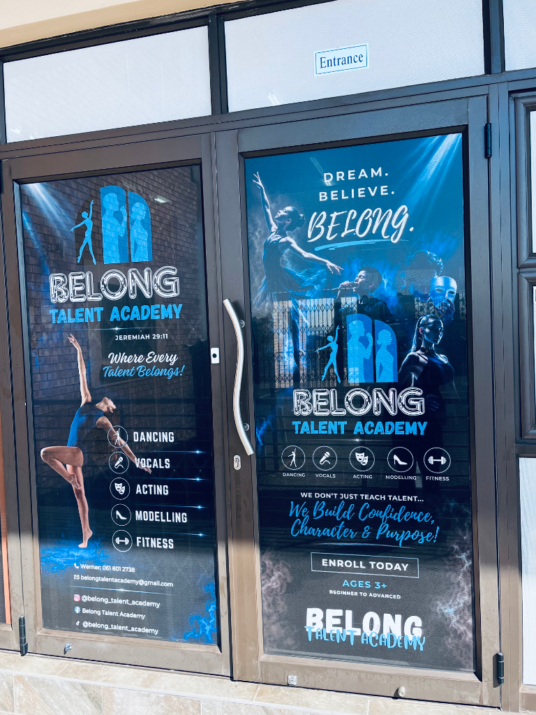 Belong Talent Academy entrance with branded window displays
