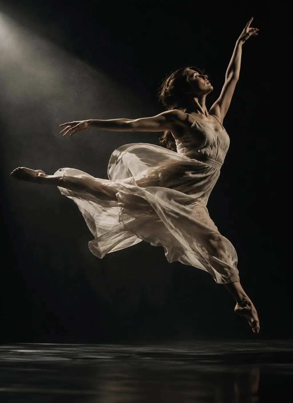 Contemporary dancer leaping through a beam of stage light
