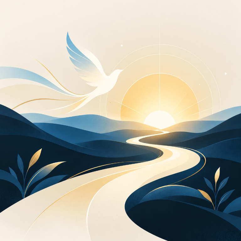 Illustration of a dove flying over a sunlit path through mountains